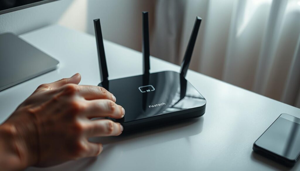 A close-up view of a person's hands delicately restarting a wireless internet router. The router is placed on a sleek, minimalist desk, with a clean, modern aesthetic. Soft, directional lighting illuminates the scene, casting subtle shadows and highlighting the router's glossy surface. The person's movements are deliberate and focused, conveying a sense of troubleshooting and problem-solving. The overall mood is one of calm, efficiency, and a desire to quickly restore internet connectivity.