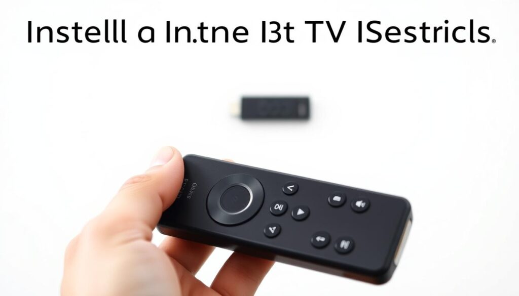 A closeup shot of a hand holding a black Amazon Firestick remote against a white background, with the Firestick device prominently displayed. The remote should have a distinct focus, showcasing its buttons and interface elements. The lighting should be soft and diffused, creating a clean, professional look. The overall composition should convey a sense of simplicity and ease of use, highlighting the Firestick as the central focus for installing IPTV services.