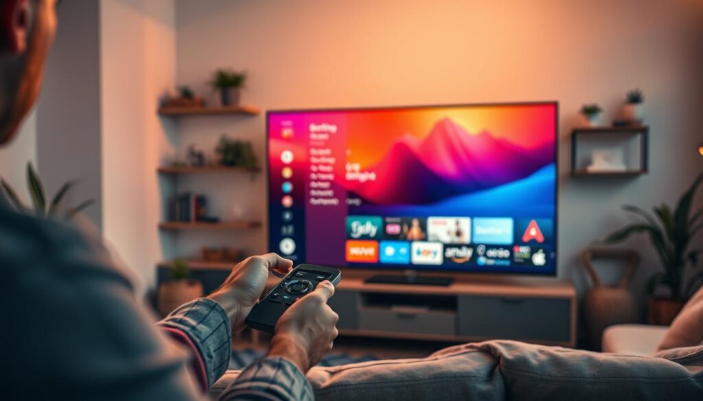 A cozy living room setting with a large, high-definition television set as the centerpiece. The TV screen displays a vibrant, interactive user interface showcasing various smart features and content options. In the foreground, a person interacts with a sleek, intuitive remote control, navigating through the menus with ease. The room is bathed in warm, diffused lighting, creating a relaxed and immersive atmosphere. The background features subtle decor elements that complement the modern, tech-savvy theme, such as minimalist shelving, potted plants, and a plush, comfortable sofa. The overall scene conveys a sense of seamless integration between technology and the user's living environment, highlighting the user's enjoyment and control over their television experience.