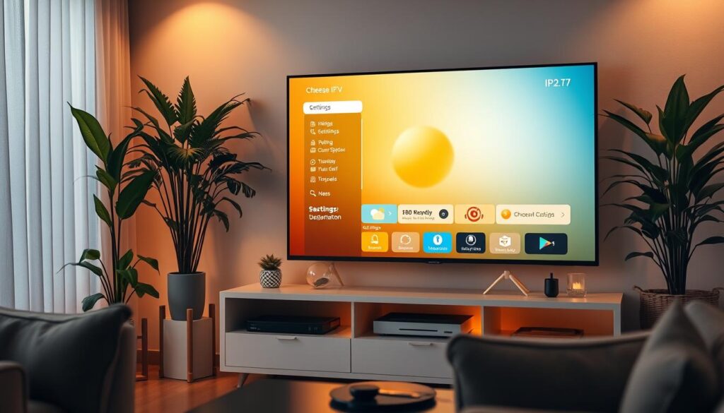 A cozy living room setting with a modern television display showcasing the Cheese TV IPTV user interface. The TV is mounted on a sleek media console, surrounded by lush plants and warm lighting. The interface depicts a clean, intuitive menu system with clear options for settings, channels, and subscription details. The scene has a calm, inviting atmosphere, highlighting the ease of Cheese TV IPTV configuration. The camera angle is slightly elevated, capturing the television in an optimal viewing position. The lighting is soft and diffused, creating a welcoming ambiance ideal for a home entertainment setup.