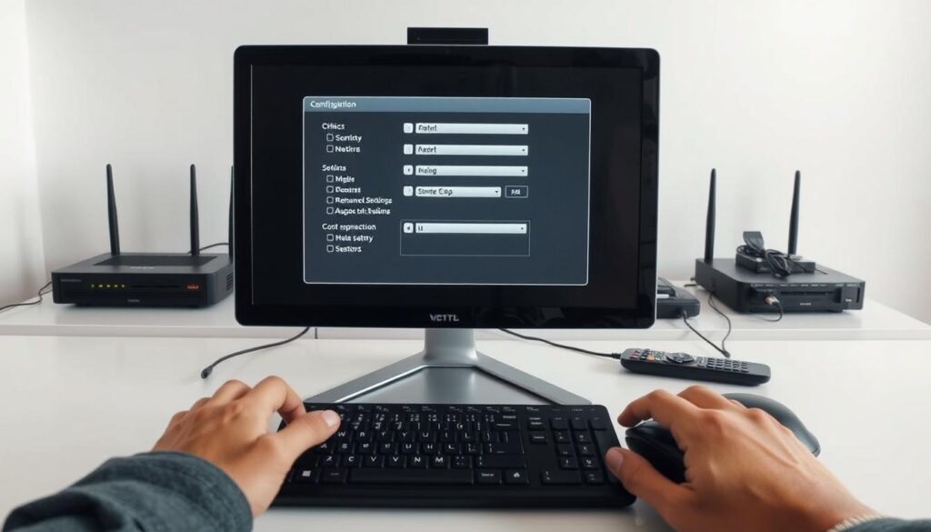A detailed, step-by-step tutorial on setting up the PVR IPTV Simple Client, seen in a clean, well-lit workspace. The client interface is displayed on a sleek, modern desktop computer, the screen showing the configuration menu with various options and settings. In the foreground, user's hands are interacting with the keyboard and mouse, navigating through the setup process. The middle ground features additional technical equipment like a router, network cables, and a TV remote, all neatly arranged. The background has a subtle, minimalist office setting with neutral colors, suggesting a professional, instructional tone. The lighting is soft and even, creating a calm, educational atmosphere suited for a technology-focused how-to guide.