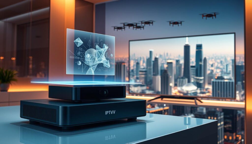 A futuristic scene depicting the evolution of television technology. In the foreground, a sleek, minimalist IPTV set-top box with a floating, holographic display. The middle ground showcases a sophisticated 8K OLED television, its screen seamlessly blending into the surrounding environment. In the background, a sprawling cityscape with skyscrapers and hovering drone-like devices, hinting at the integration of IPTV with smart home and urban infrastructure. The scene is bathed in a warm, futuristic glow, with subtle hints of augmented reality overlays. The overall impression is one of technological advancement, seamless connectivity, and the blending of physical and digital realms in the future of television.