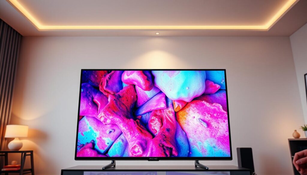 A high-quality 4K Ultra HD television screen displaying a vibrant, crystal-clear image. The screen is positioned in the middle ground, with a slightly blurred background suggesting a modern, minimalist home setting. Soft, diffused lighting from above casts a warm, natural glow on the screen, highlighting the sharpness and color accuracy of the displayed content. The image showcases the optimal resolution and picture quality achievable through advanced IPTV streaming technology, serving as a visual representation of the article's focus on "Resolutie en beeldkwaliteit: Hoe optimaliseren?".