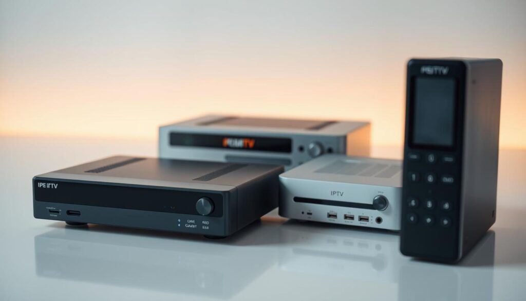 A high-quality, close-up photograph of three contemporary IPTV receivers arranged on a clean, white surface. The devices showcase a sleek, minimalist design with matte black or silver finishes, featuring clear external controls and connections. Subtle backlighting illuminates the receivers, creating a soft, warm glow and highlighting their premium look and feel. The image is captured using a wide-angle lens to emphasize the receivers' form and proportions, with a shallow depth of field to focus attention on the main subjects. The lighting is soft and diffused, creating gentle shadows that accentuate the products' lines and textures. The overall mood is one of sophistication, showcasing the high-end nature of these IPTV receivers.