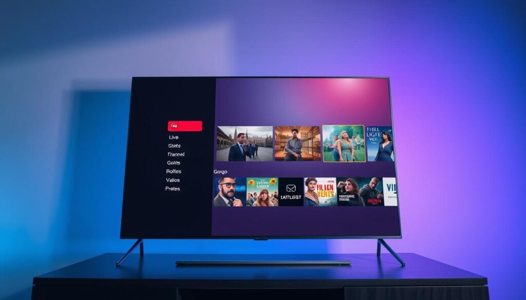 A modern, sleek IPTV app interface displayed on a large, high-definition Smart TV screen. The app features a clean, minimalist design with bold typography and intuitive menu navigation. The foreground showcases a curated selection of live TV channels and on-demand content, while the background subtly blends various shades of blue and purple, creating a sophisticated and immersive atmosphere. The lighting is soft and natural, with a slight vignette effect to draw the viewer's attention to the center of the frame. The camera angle is slightly tilted upwards, giving the impression of a dynamic and user-friendly experience.