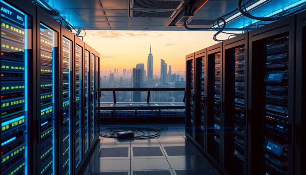 A sleek, futuristic data center showcasing the advanced IPTV CDN-services. In the foreground, an array of high-performance servers humming with activity, bathed in a soft blue glow. The middle ground features a network of interconnected cables and fiber optic lines, pulsing with the flow of digital content. In the background, a panoramic view of the city skyline, reflecting the scale and reach of the CDN. The lighting is crisp and directional, casting dramatic shadows and highlighting the technological prowess of the system. The overall atmosphere conveys a sense of efficiency, reliability, and innovation - the backbone of a cutting-edge IPTV delivery network.