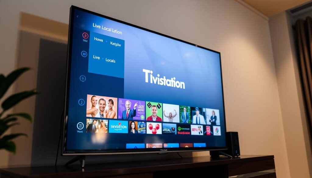 A sleek, modern IPTV streaming interface displayed on a high-resolution display, with a clean, minimalist design featuring intuitive menus and icons. The screen showcases a diverse range of live local TV channels, with a focus on the "TiVistation" branding prominently featured. The lighting is soft and natural, creating a warm and inviting atmosphere. The camera angle is slightly elevated, giving a sense of depth and professionalism to the scene. The overall impression is of a reliable, user-friendly IPTV solution that seamlessly integrates local content for a satisfying viewing experience.