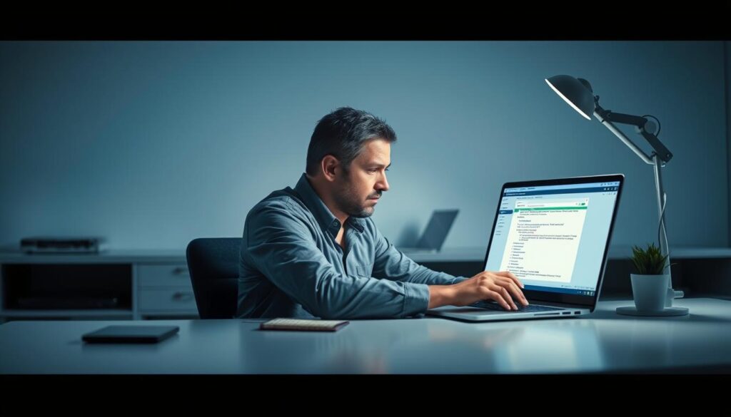 A technician sitting at a desk, intently focused on troubleshooting an application on a laptop screen. The workspace is well-lit with a modern, minimalist aesthetic, with clean lines and subtle hints of blue and gray. The technician's expression conveys a sense of determination and problem-solving, as they carefully navigate through the application's interface, searching for the root cause of the issue. The scene captures the essence of resolving app-specific problems, with a calm and professional atmosphere that reflects the expertise and attention to detail required for such a task.