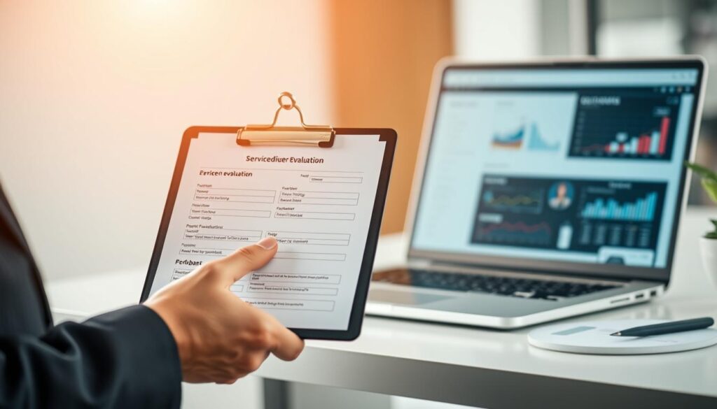 A thoughtful service provider evaluation, captured in a clean, minimalist style. The foreground shows a customer service representative's hand, holding a clipboard with a detailed evaluation form. The middle ground features a laptop screen displaying performance metrics and customer feedback. The background has a blurred office setting, conveying a sense of professionalism and diligence. Soft, directional lighting illuminates the scene, creating depth and emphasizing the evaluation process. The overall mood is one of careful assessment, with a focus on providing high-quality service.