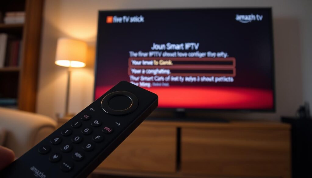 A well-lit, close-up view of a Fire TV Stick remote control, showcasing the user interface and on-screen setup process for configuring a Smart IPTV service. The remote is positioned in the foreground, with the Fire TV Stick interface visible on a television screen in the background, illuminated by a warm, natural lighting scheme. The scene conveys a sense of simplicity and ease-of-use, as the user navigates the IPTV setup steps on their Fire TV Stick device.