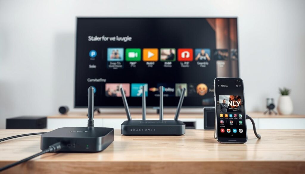 A well-lit, high-resolution scene showcasing various compatible devices for IPTV setup. In the foreground, a modern smart TV, streaming box, and smartphone are prominently displayed, their interconnectivity visually emphasized through sleek cables and intuitive interfaces. The middle ground features a router and modem, neatly arranged to depict a harmonious network connection. The background subtly suggests a minimalist, technology-focused living space, with clean lines and neutral tones complementing the focal devices. Crisp, professional-grade lighting accentuates the smooth textures and premium aesthetics of the compatible hardware, evoking a sense of seamless integration and user-friendly functionality.