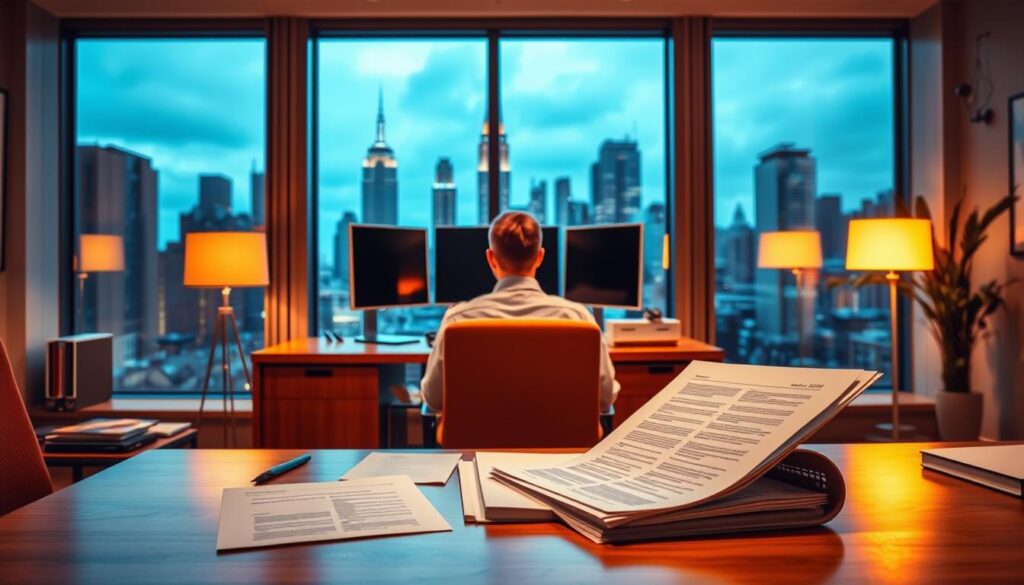 A well-lit, modern office interior with a desk, computer, and various legal documents. In the foreground, a person sits at the desk, studying the documents intently. The lighting is warm and inviting, creating a professional atmosphere. In the background, a large window overlooking a cityscape, emphasizing the legal and corporate setting. The overall tone is one of diligence, legality, and attention to detail, reflecting the "Juridische aspecten van IPTV" section of the article.