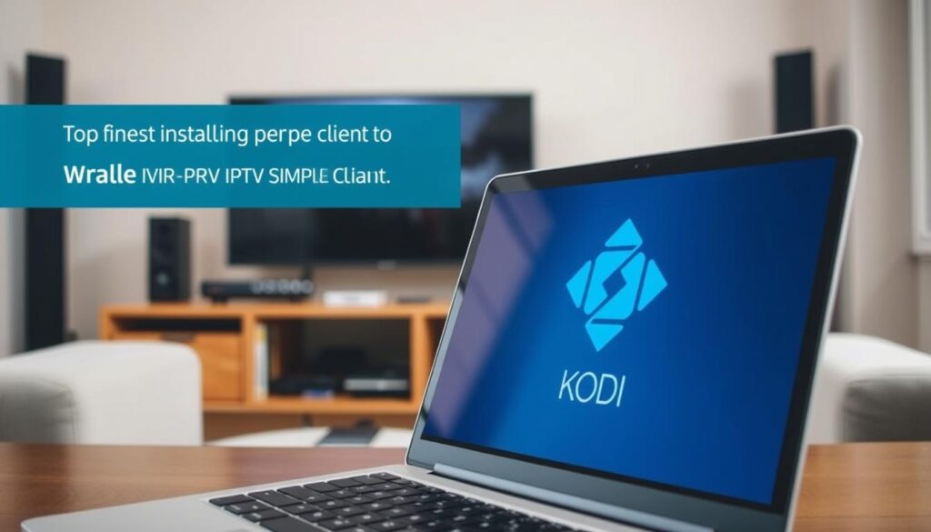 A well-lit room with a laptop or desktop computer prominently displayed in the foreground. On the screen, the Kodi media center software is prominently featured, with its iconic blue and white logo taking center stage. The middle ground shows various electronic devices such as a TV, remote control, and HDMI cable, suggesting the setup and connectivity required for Kodi installation. The background features a neutral, slightly blurred backdrop, allowing the main elements to stand out. The overall scene conveys a sense of functionality and technical preparation, suitable for illustrating the necessary steps to install PVR IPTV Simple Client.