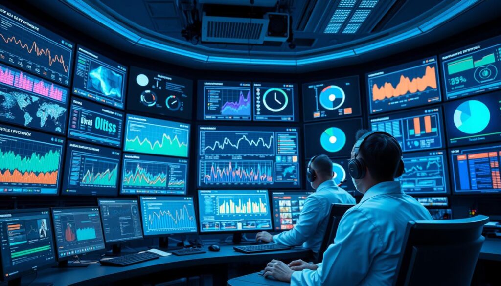 Streaming kwaliteit optimalisatie: A high-tech control room with various monitors, graphs, and visual analytics dashboards. Vibrant colors and futuristic holograms project real-time data on network performance, bandwidth utilization, and video quality metrics. Technicians in lab coats and headsets monitor the systems, making adjustments to fine-tune the IPTV streaming experience. Soft blue lighting casts an air of precision and professionalism, while sleek, minimalist design conveys efficiency and technological prowess. The scene evokes a sense of diligent, data-driven optimization to ensure the optimal streaming quality for end-users.